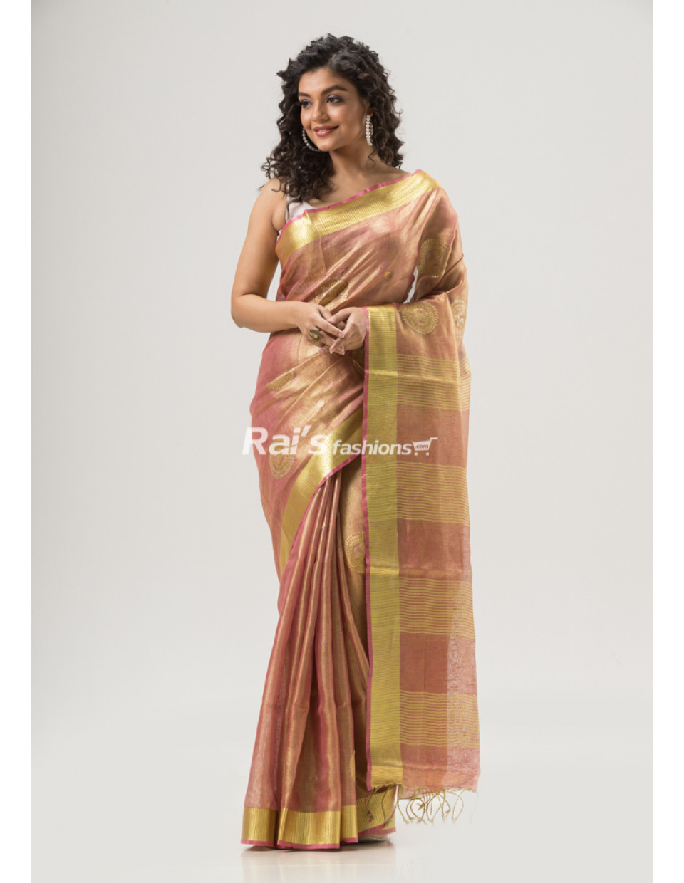 All Over Golden Zari Worked Tissue Linen Saree With Stripes Pattern Pallu (KR1631)