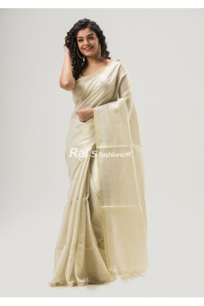 Golden Zari Border Design Off White Tissue Linen Saree (KR1659)