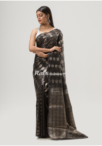 All Over Golden Butta Weaving Black Silk Linen Saree (KR1644)