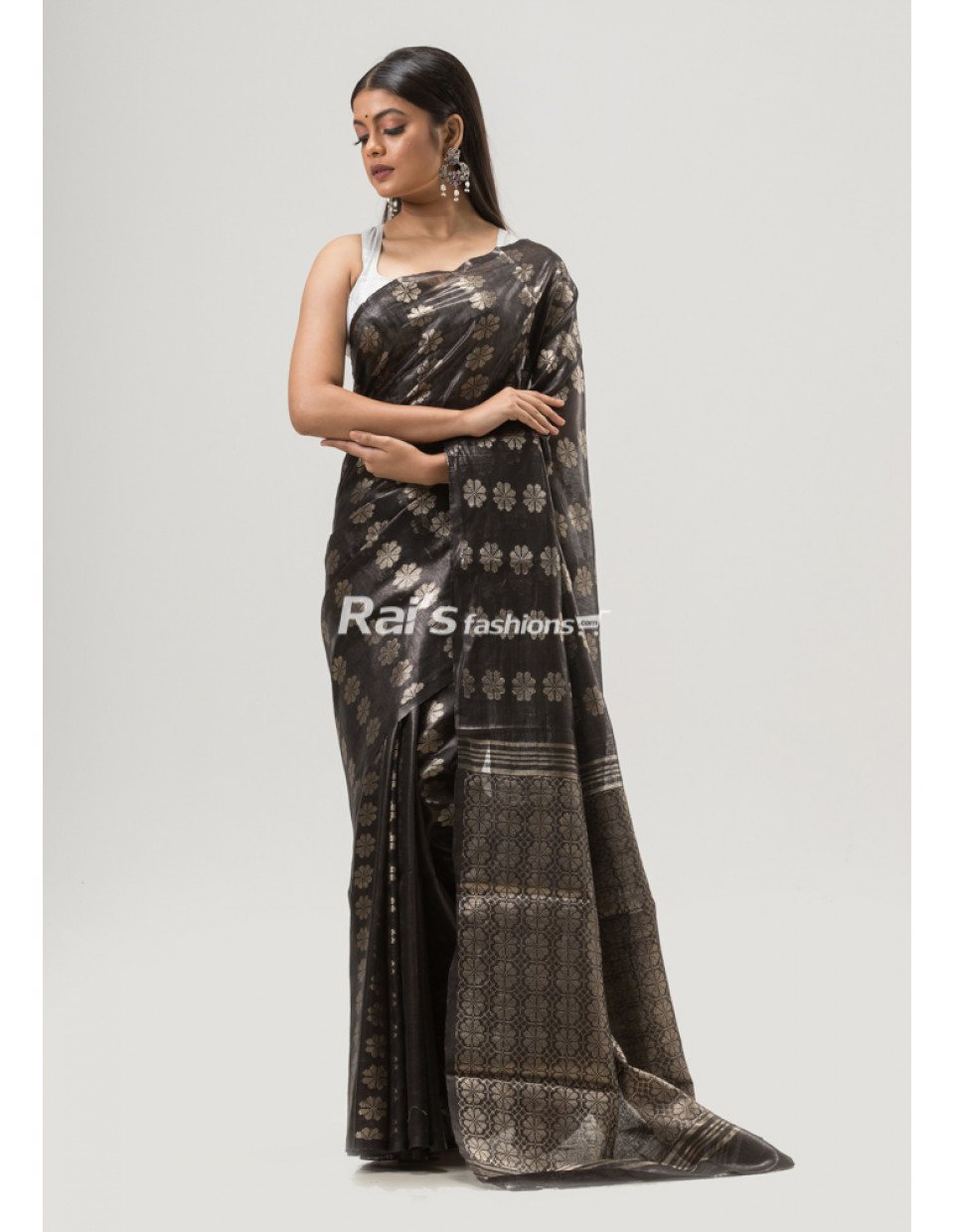 All Over Golden Butta Weaving Black Silk Linen Saree (KR1644)
