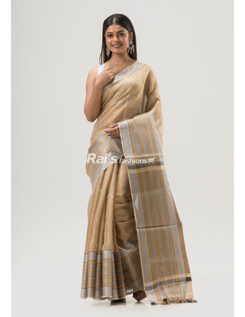 Self Weaving Strips Pattern Tissue Linen Saree (KR1645)