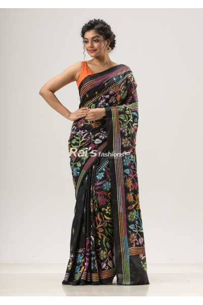 Hand Katha Stitch Work Design Black Bangalore Silk Saree (KR1678)