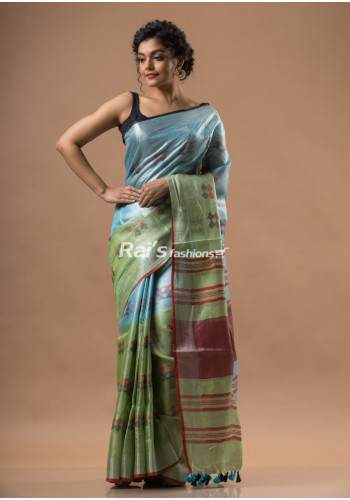 Handloom Tissue Linen Saree With Fine Weaving Butta Work With Stripes Pallu (KR1671)