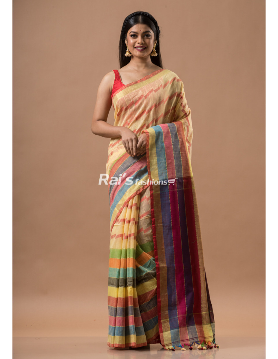 Multicolor Border Design Blond Cotton Silk Saree (KR1685)