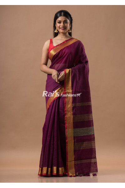 Golden Zari Border Design Cotton Silk Saree With Stripes Pattern Pallu (KR1650)
