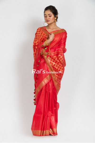 Handloom Silk Linen Saree With Golden Zari Weaving Fine Work Pallu And Contrast Golden Zari Border (RAI288)