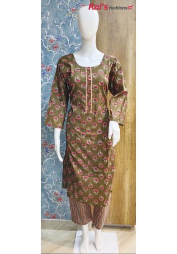 All Over Printed Olive Green Cotton Kurti Set (KR1506)