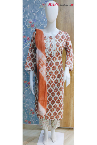 White And Orange Cotton Daily Wear Kurti Set (KR1485) 