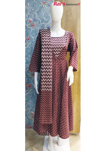 All Over Printed Maroon Cotton Long Dress (KR1546)
