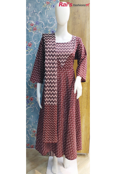 All Over Printed Maroon Cotton Long Dress (KR1546)