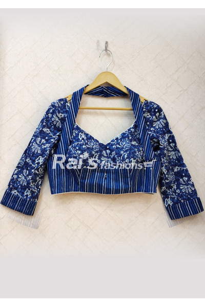 Navy Blue Cotton Printed Jacket Pattern Neck Belt Designer Blouse (RAI0123)