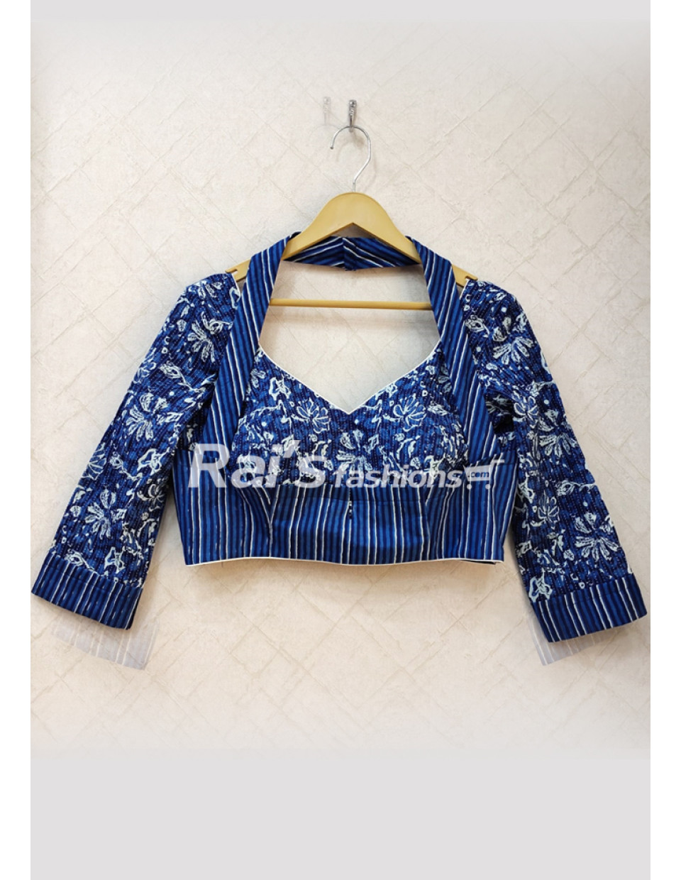 Navy Blue Cotton Printed Jacket Pattern Neck Belt Designer Blouse (RAI0123)