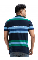 Navy Blue And Green Striped Cotton Polo Collar T-shirt (NS56)