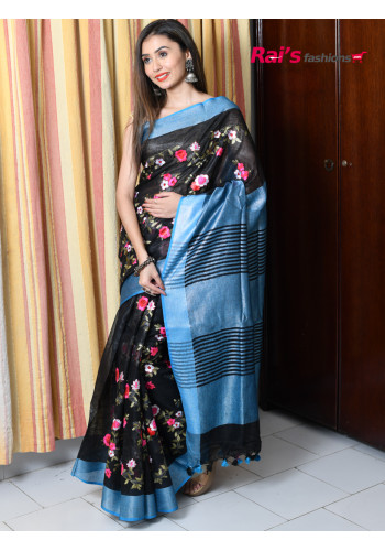 Handloom Fine Linen By Linen Saree With Fine Embroidery Work All Over Base And Contrast Pallu (RAI138)