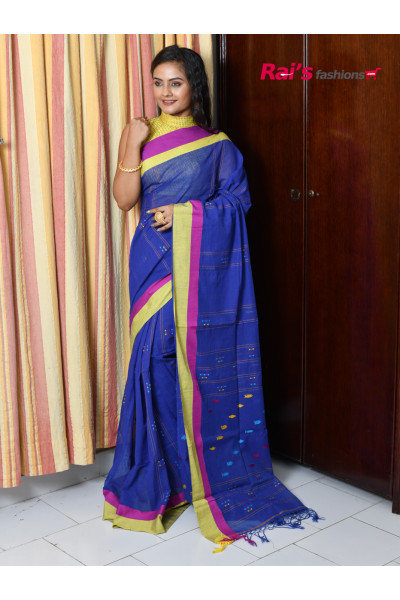 Handloom Charka Cotton Saree With Contrast Color Border And Handweaving Butta Work (RAI150)