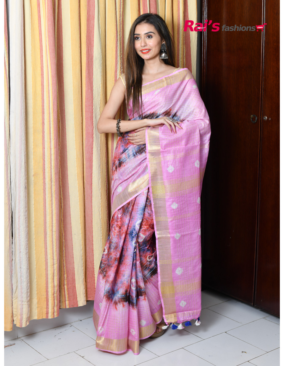 Handloom Cotton Slub Saree With Shibori Badhni Print All Over And Golden Zari Border (RAI156)
