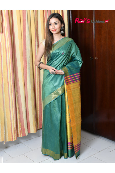 All Over Weaving Butta Work Pure Dupion Silk Saree With Contrast Color Border And Highlighted Multicolor Fine Stripes Design Pallu (RAI158)