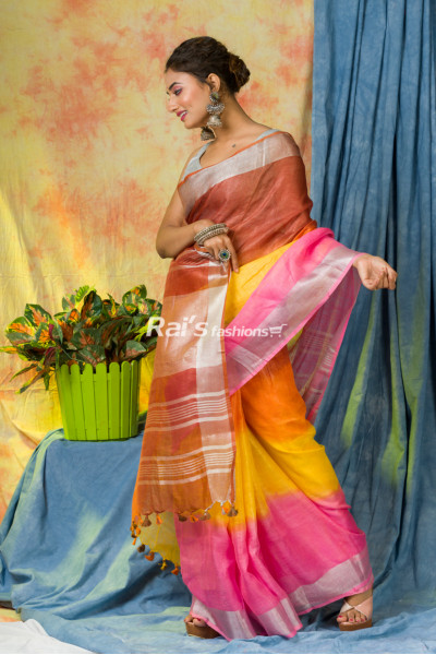 Handloom Linen By Linen Saree With Contrast Color Dye Base And Silver Zari Border (KR222)