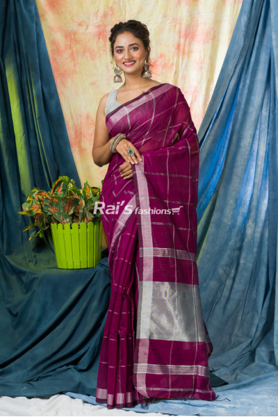Handloom Silk Cotton Saree With All Over Silver Zari Checks Work And Silver Zari Stripes Pallu (KR208)