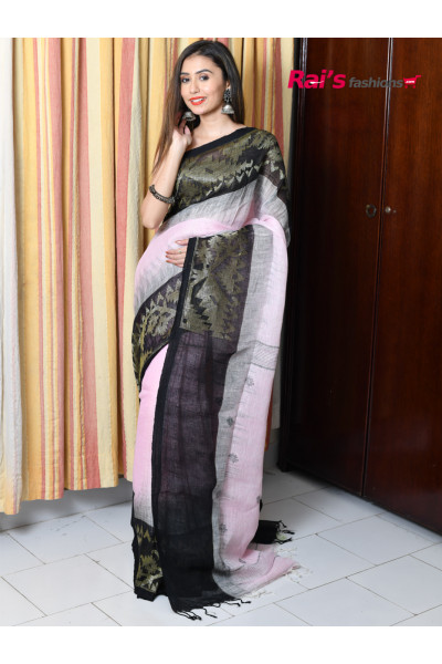 Natural Fabric Linen By Linen Saree With Dhakai Weaving Pattern Border Work (RAI145)