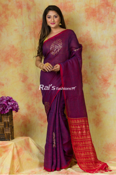 Natural Fabric Linen By Linen Saree With Zari Weaving Jamdani Work Butta And Contrast Color Weaving Work Pallu (KR226)