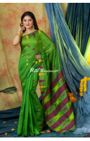 Handloom Cotton Silk Saree With Fine Weaving Butta Work And Contrast Color Stripes Pallu (KR286)