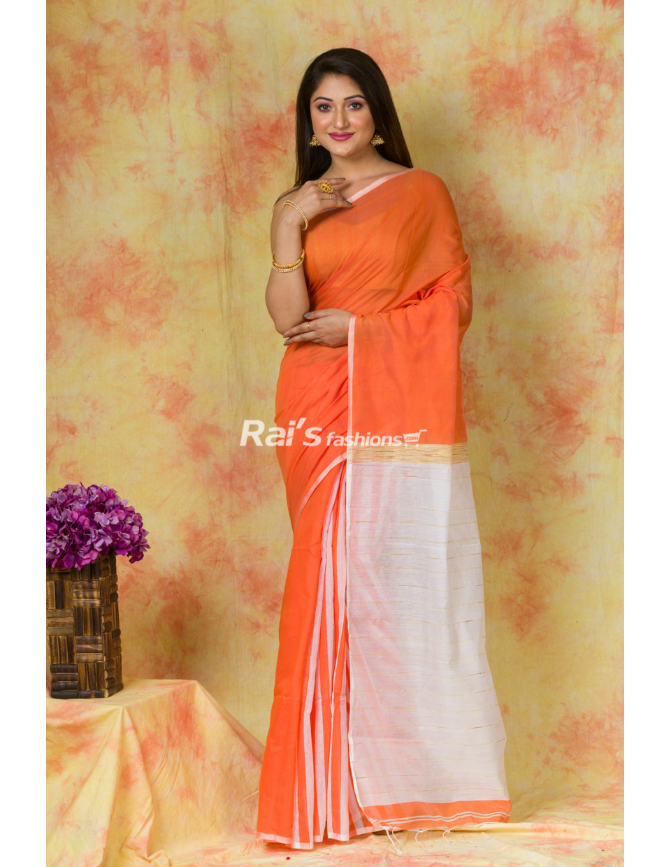 Handloom Cotton Silk Saree With Stripes Pattern Pleats And Contrast Color Pallu (KR268)