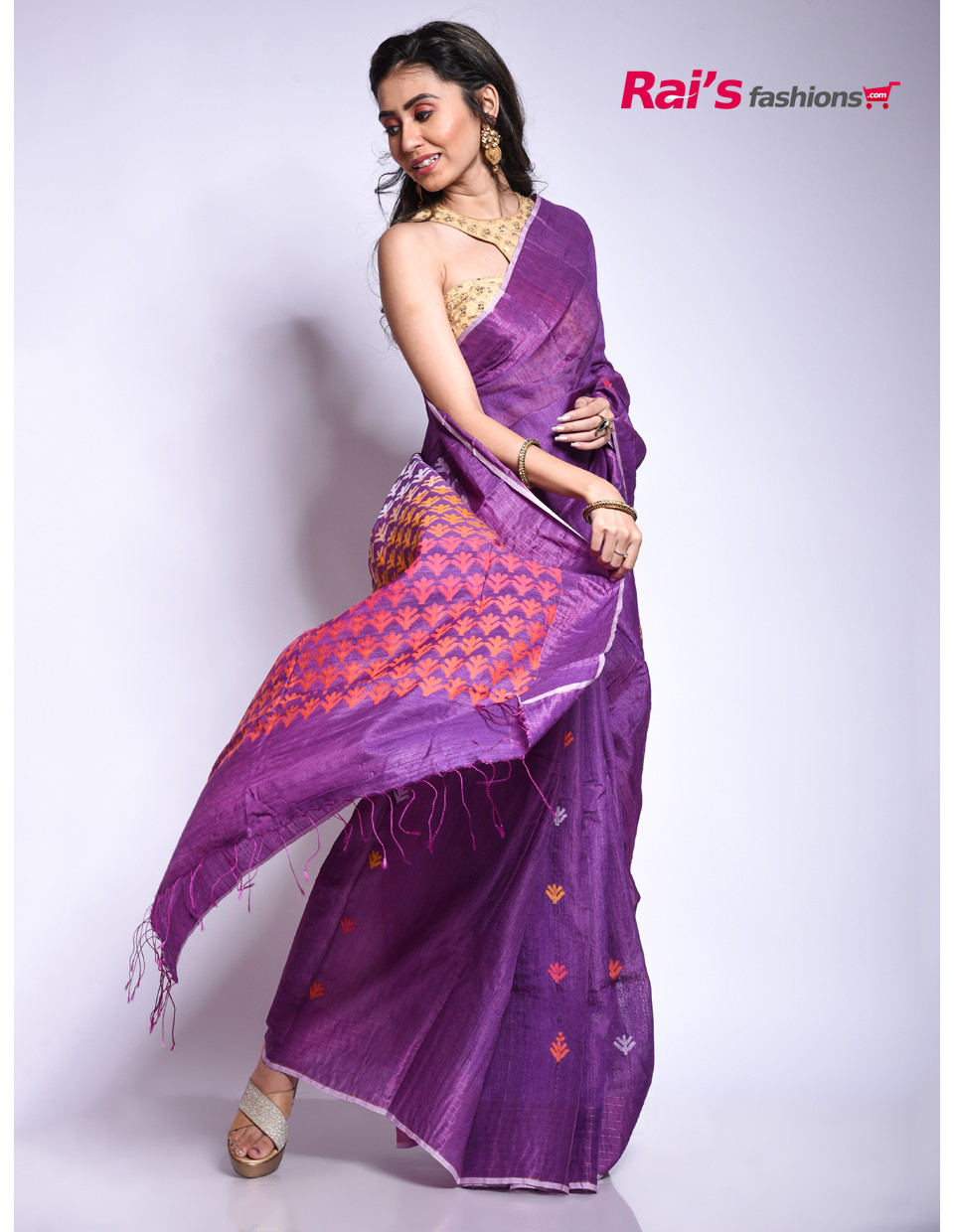 Handloom Pure Tussar Silk Saree With Handweaving Butta Work All Over And Heavy Worked Pallu (RAI204921)