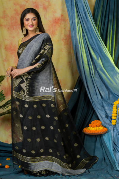 Natural Fabric Linen By Linen Saree With Hand Weaving Dhakai Worked Ikkat Contrast Border And Pallu (KR226)