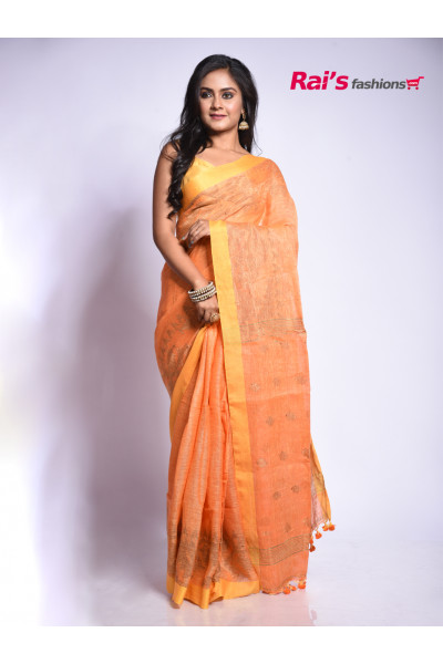 Natural Fabric Linen By Linen With Dhakai Weaving Pattern Border Work Designed Saree (RAI205221)
