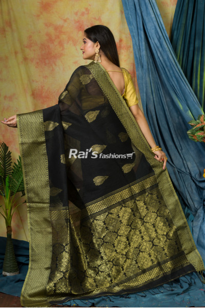 Organic Linen Saree With fine Handweaving Butta Work All Over And Heavy Worked Pallu Design (KR277)