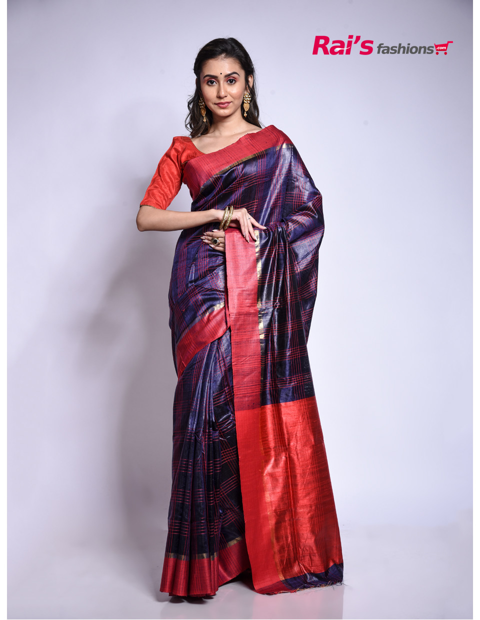 Pure Dupion Silk With Checks Design All Over And Contrast Color Border And Pallu (RAI205821)