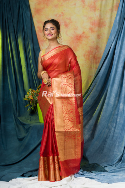 Red Silk Linen Saree With Fine Benarasi Weaving Border (KR245)