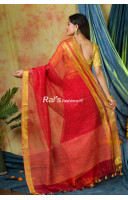 Semi Organza Silk Saree With Fine Jute Weaving Stripes Design All Over And Golden Zari Border (KR259)