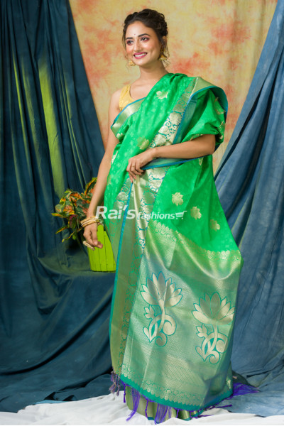 Soft Silk Saree With Self Weaving Worked Base All Over And Contrast Color Border And Pallu With Heavy Work (KR246)