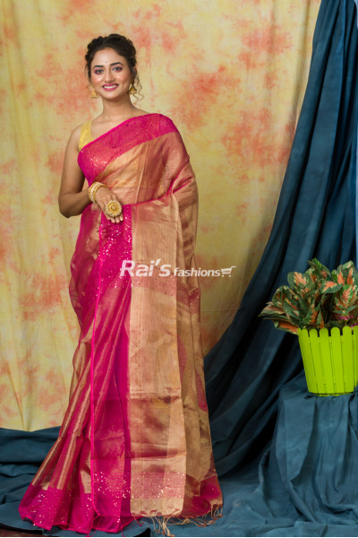 Tissue  Muslin Silk Saree With Fine Weaving Sequin Work Border And Gicha Silk Weaving Jamdani Work Pallu (KR247)