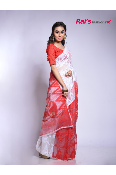 White Red Contrast Color Soft Reshom Dhakai Jamdani Saree (RAI204321)