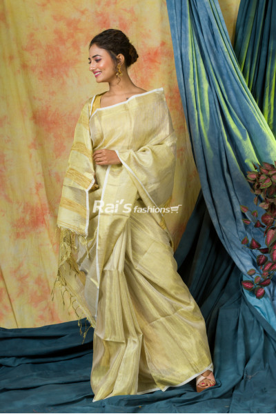 Zari Linen Saree With Golden Zari Border And Gicha Weaving Stripes Design Pallu (KR298)