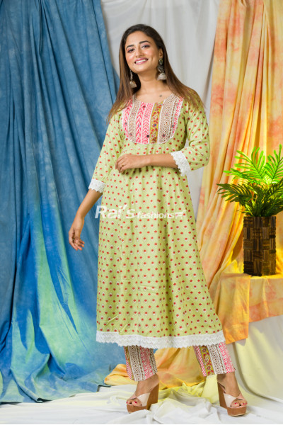 Premium Quality Cotton Printed Anarkali Kurti With Straight Printed Pant (RAI541)