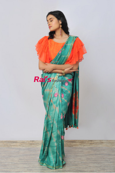 Shibori Printed Semi Kathan Silk Saree With Fine Embroidery Butta Work All Over (RAI504)