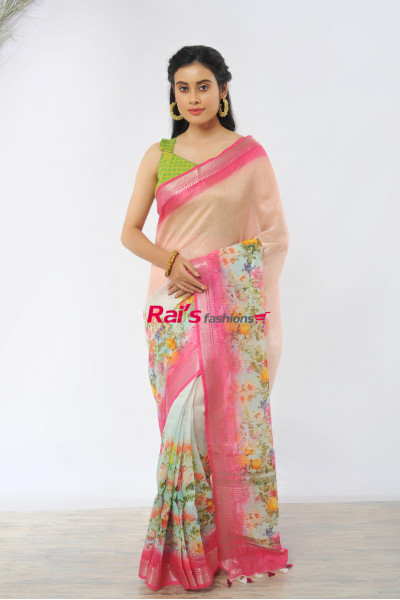 Zari Bordered Digital Printed Pure Silk Linen Saree (RAI516)