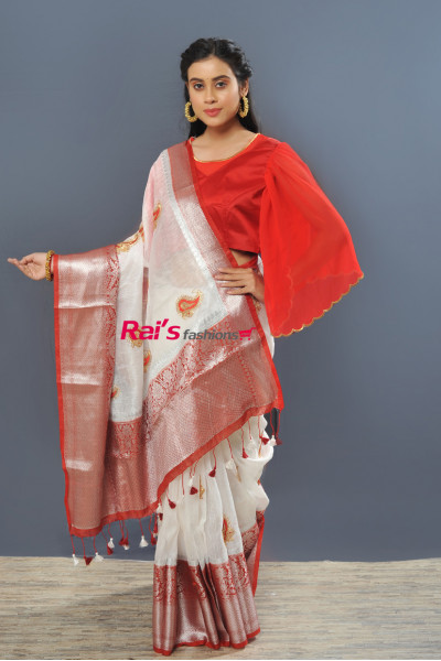Silk Linen Saree With Heavy Benarasi Weaving Worked Border And All Over Fine Embroidery Worked Butta (RAI530)