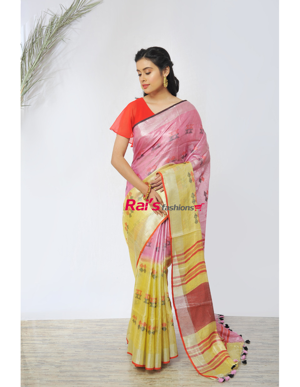 Handloom Tissue Linen Saree With Fine Weaving Butta Work Multicolor Saree (RAI525)