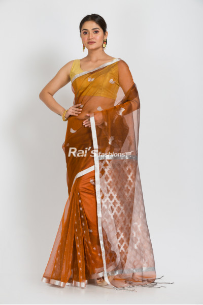 Pure Muslin Silk Saree With Silver Zari Handweaving Butta All Over Base And Heavy Worked Designed Pallu (RAI313)