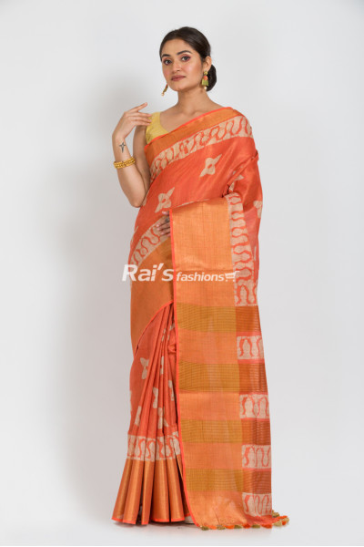 Handloom Dupion Cotton With Hand Batik Print All Over And Wide Golden Zari Border (RAI331)