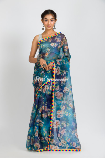 Premium Quality Digital Printed Pure Organza Silk Saree Designer Lace Border Attached (RAI323) 