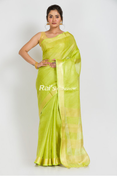 Pure Handloom Tissue Linen Golden Zari Border And Zari Stripes Pallu (RAI334)