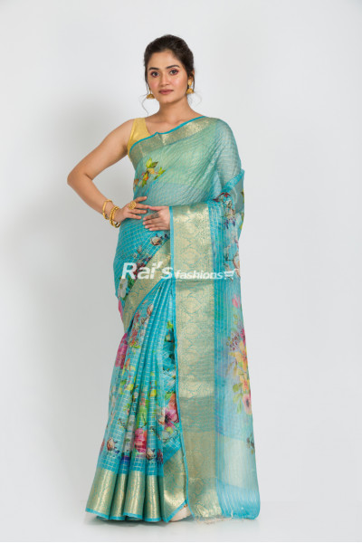 Digital Printed Premium Quality Pure Organza Silk Saree With Traditional Handweaving Benarasi Worked Border (RAI343)