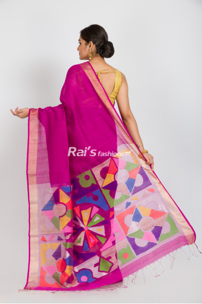 Reshom Matka Silk Saree With Self Weaving Fine Stripes Pattern Base With Colorful Handweaving Heavy Worked Pallu (RAI344)