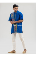 Men's Cotton Kurta Handmade Kantha Stitch Work Royal Blue (NS68)